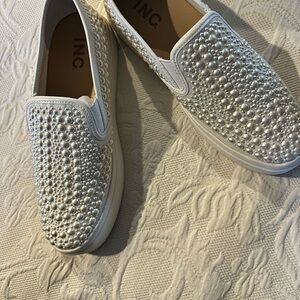 INC International Concepts White Pearl & Rhinestone Slip-On Sneakers